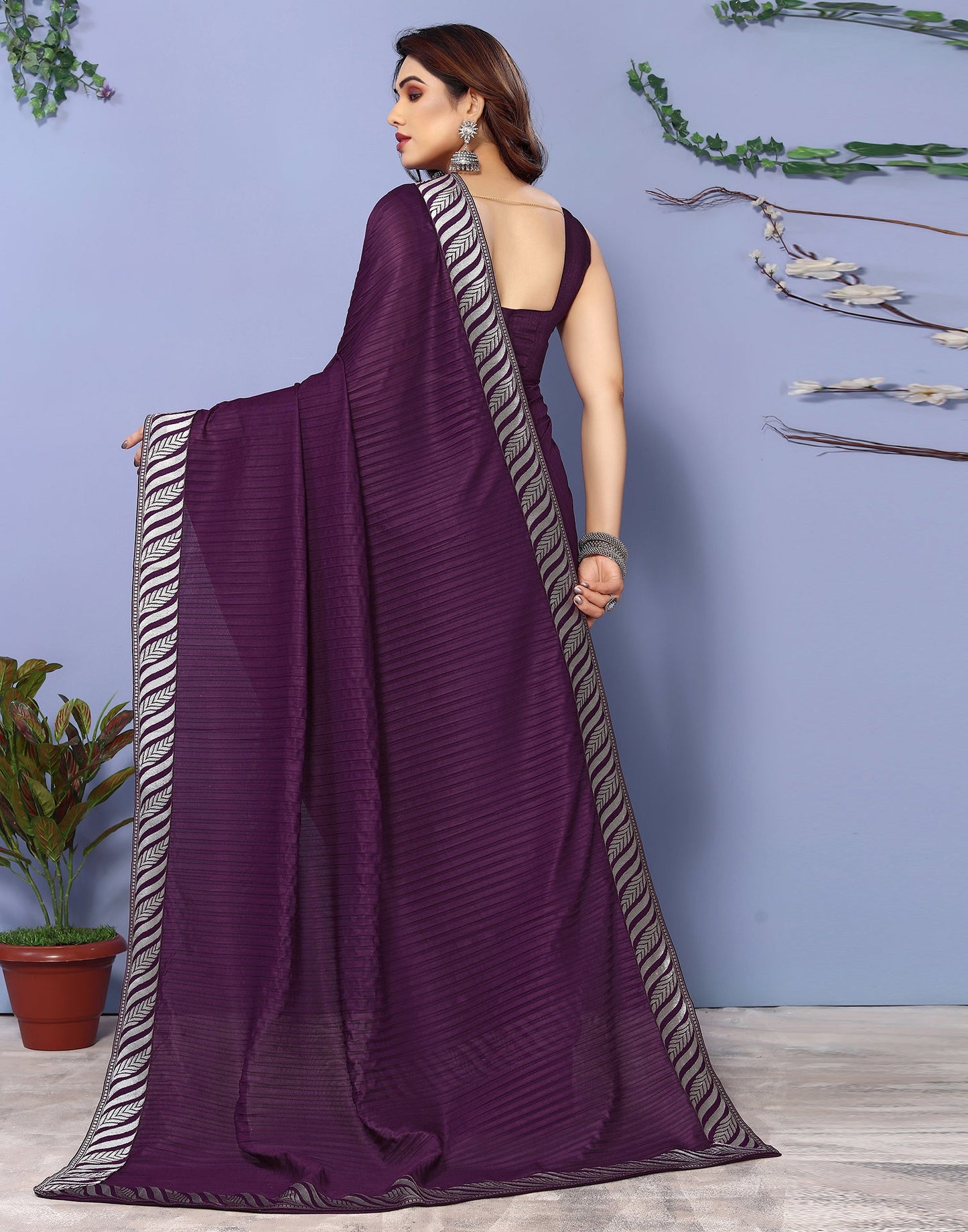 Wine Lycra Plain Saree