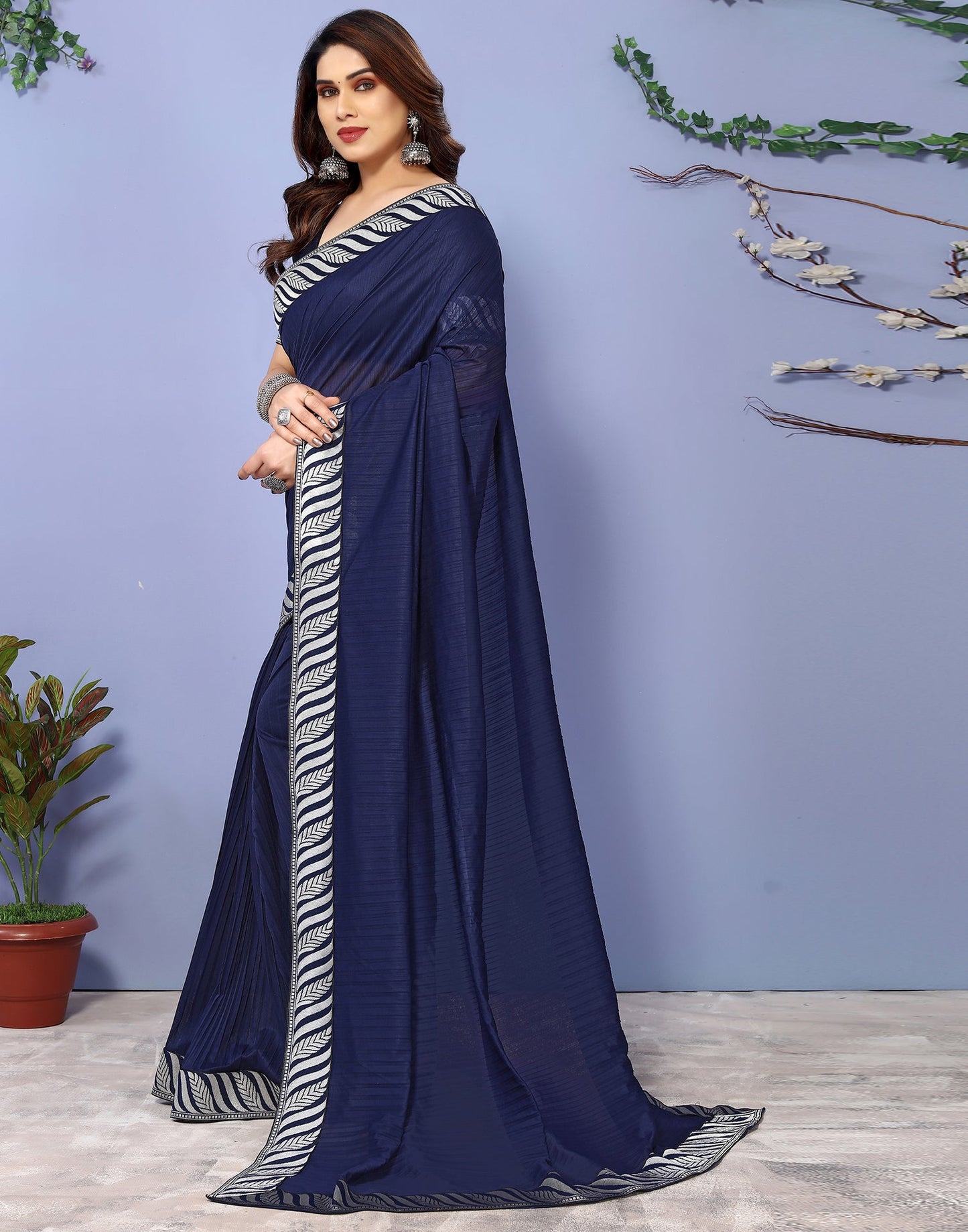 Navy Blue Lycra Plain Saree