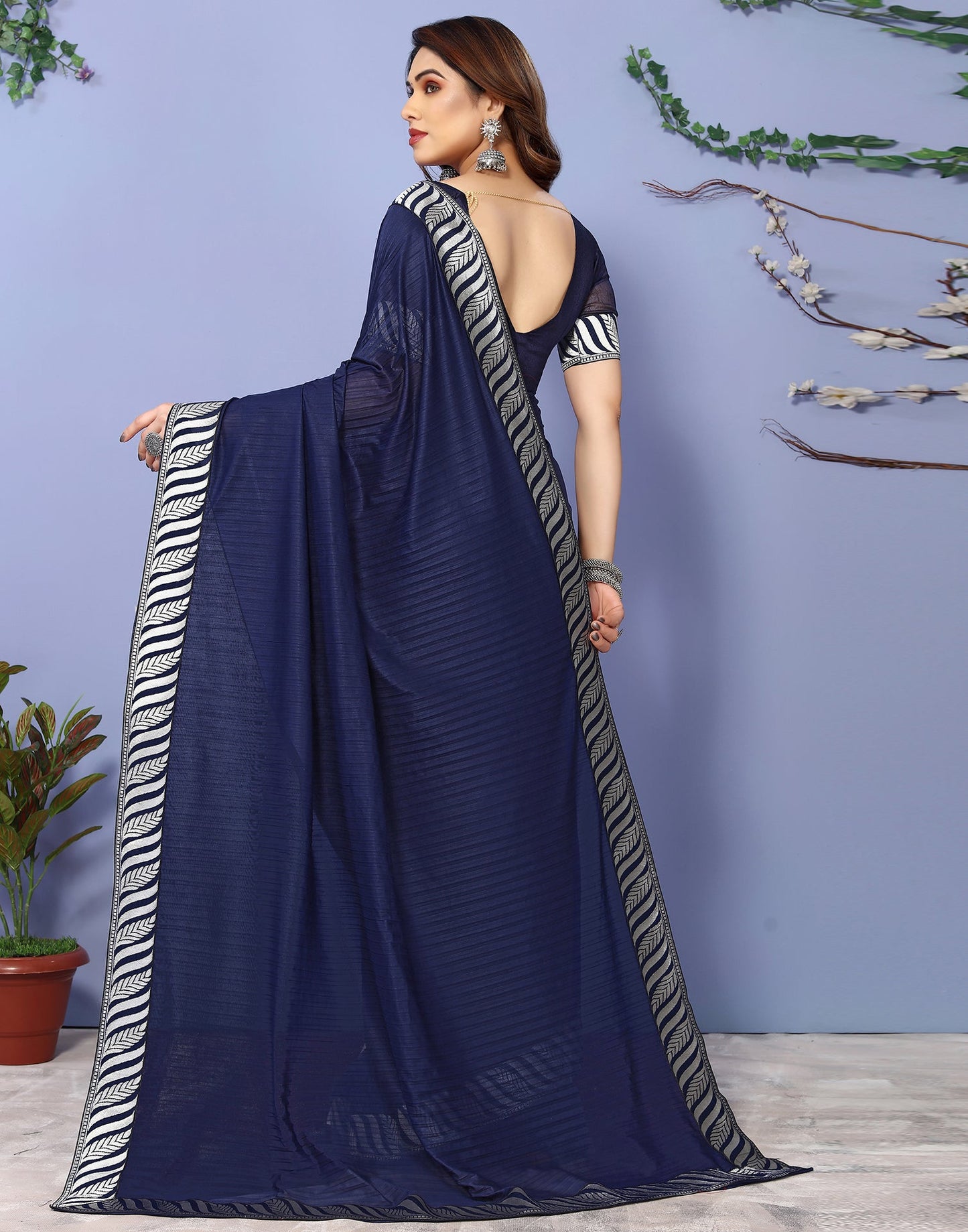 Navy Blue Lycra Plain Saree