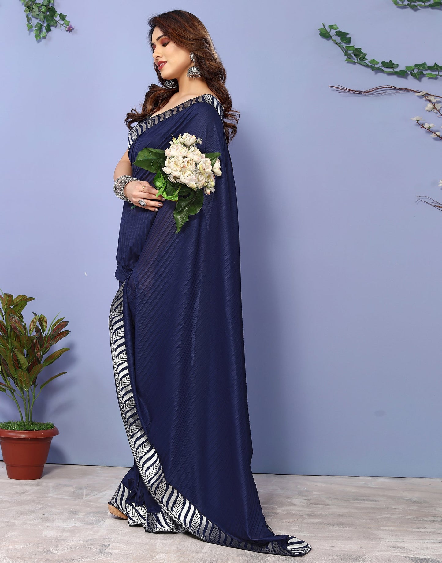 Navy Blue Lycra Plain Saree