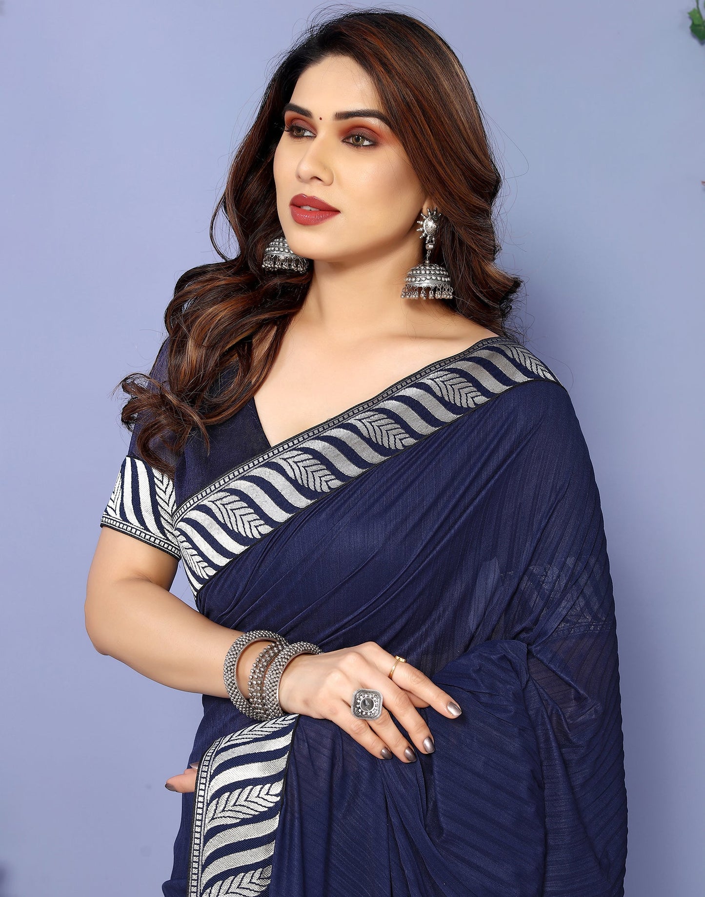 Navy Blue Lycra Plain Saree