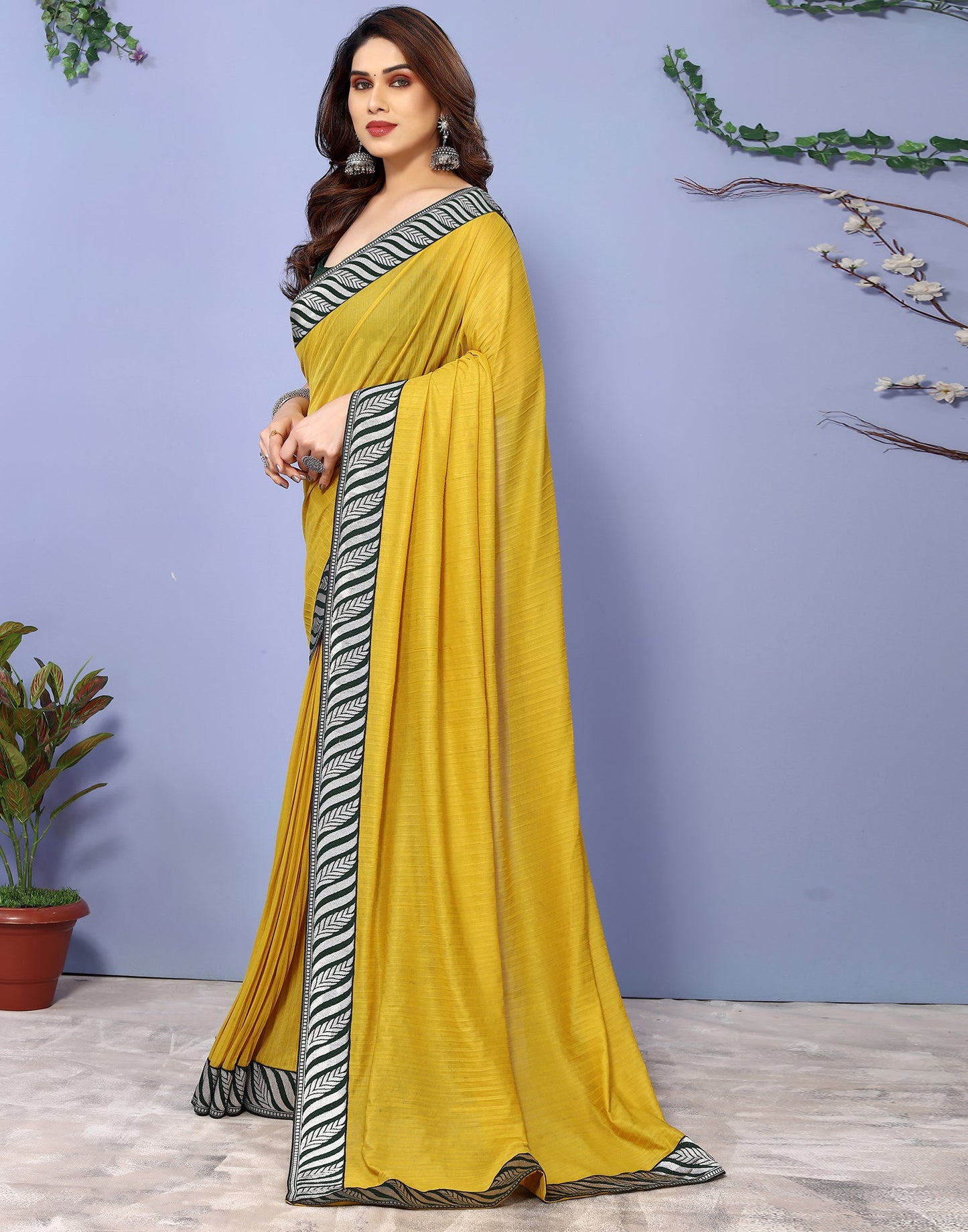 Yellow Lycra Plain Saree