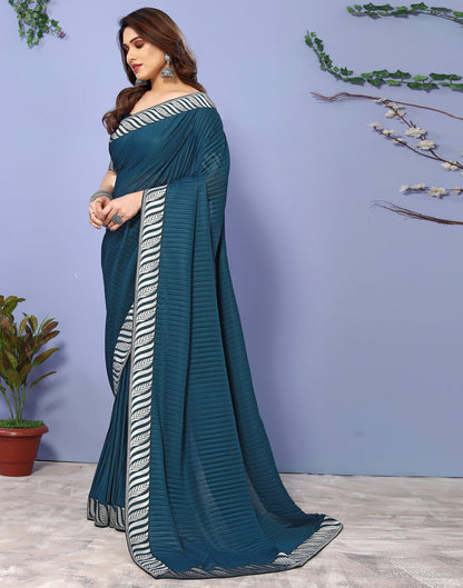 Teal Blue Lycra Plain Saree