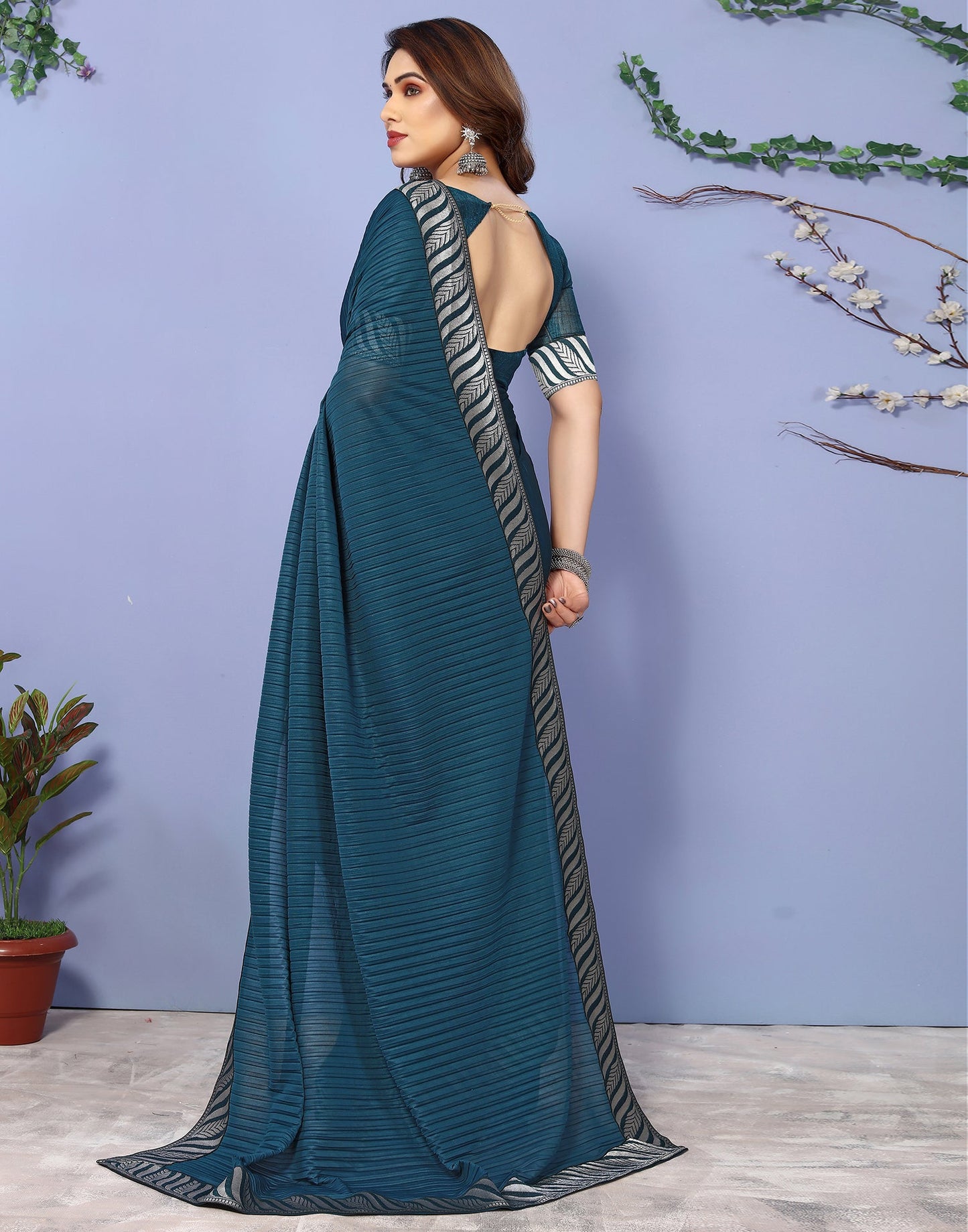 Teal Blue Lycra Plain Saree