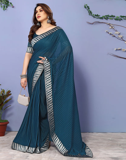 Teal Blue Lycra Plain Saree