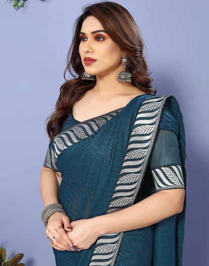 Teal Blue Lycra Plain Saree