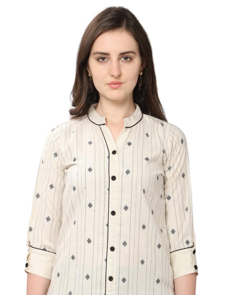 Ivory Beige Jacquard Khadi Cotton Kurti | Sudathi