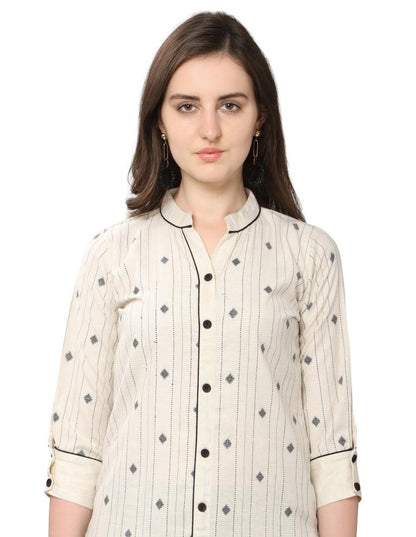 Ivory Beige Jacquard Khadi Cotton Kurti | Sudathi