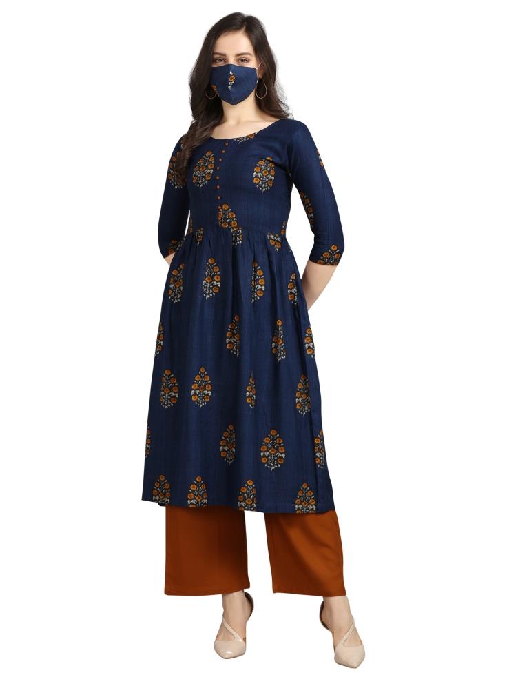 Navy Blue Printed Rayon Kurti | Sudathi