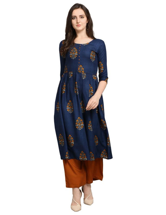 Navy Blue Printed Rayon Kurti | Sudathi