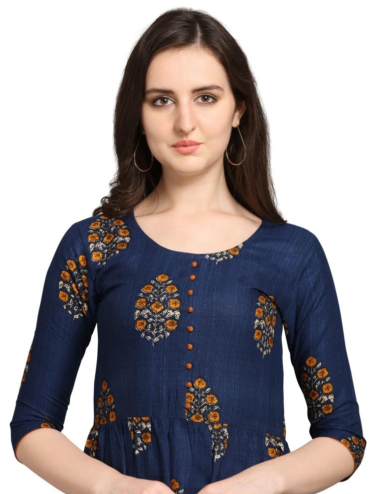Navy Blue Printed Rayon Kurti | Sudathi