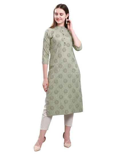 Khakhi Green Printed Cotton Kurti | Sudathi