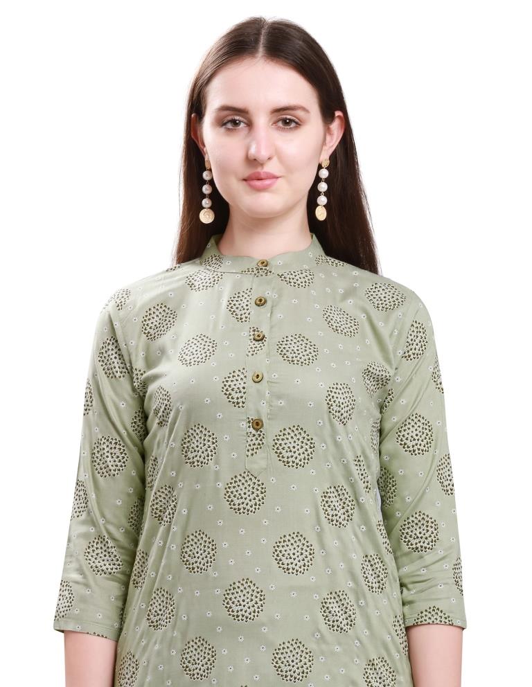Khakhi Green Printed Cotton Kurti | Sudathi
