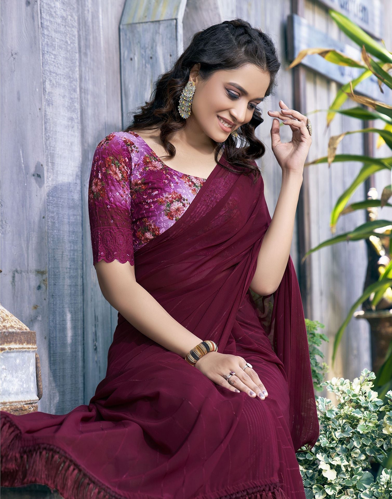 Maroon Zari Stripe Plain Georgette Saree | Leemboodi