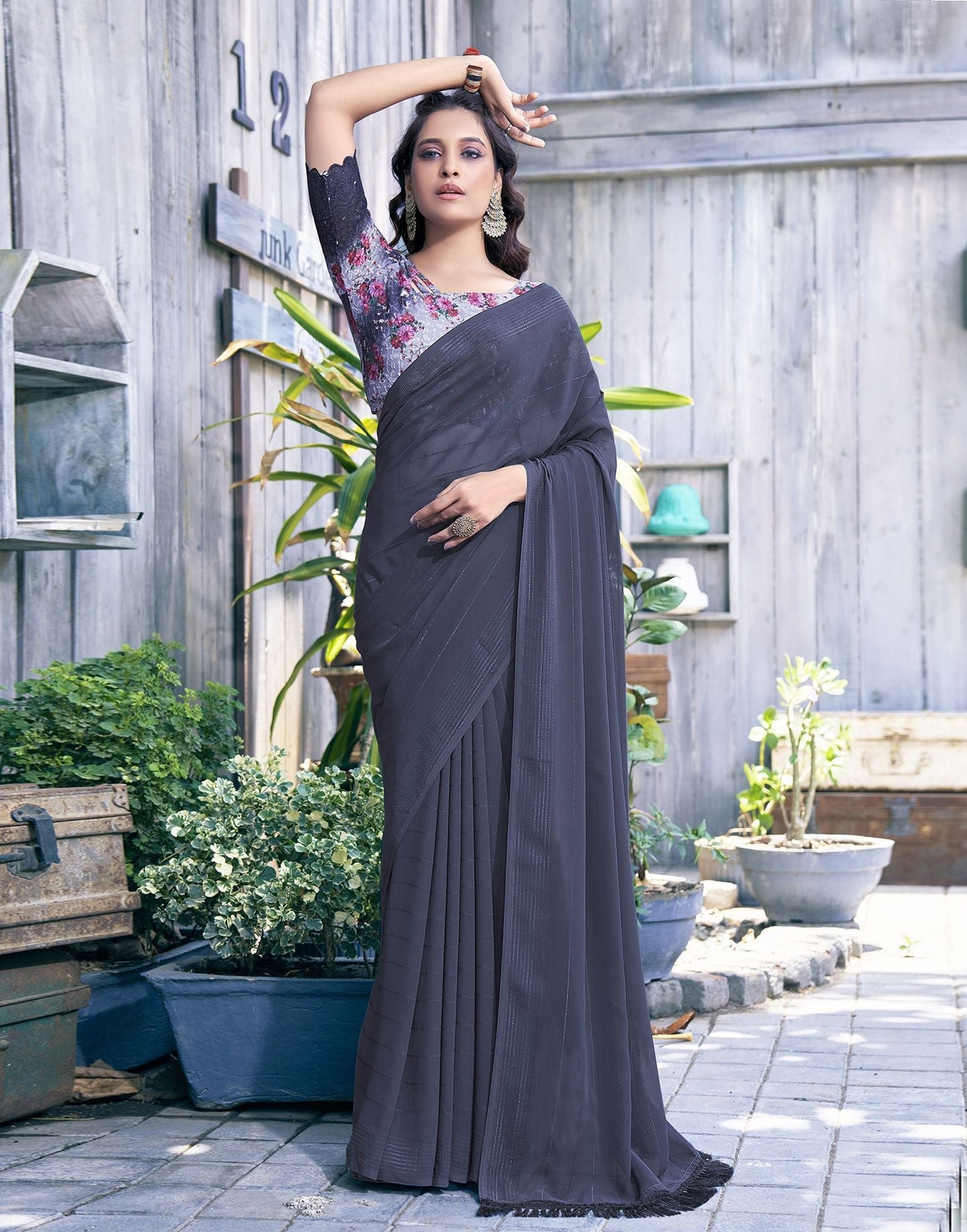 Dark Grey Zari Stripe Plain Georgette Saree | Leemboodi
