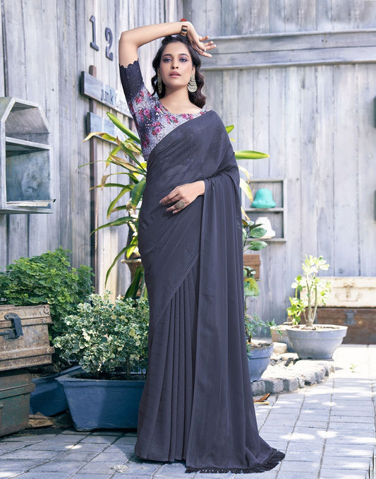 Dark Grey Zari Stripe Plain Georgette Saree | Leemboodi