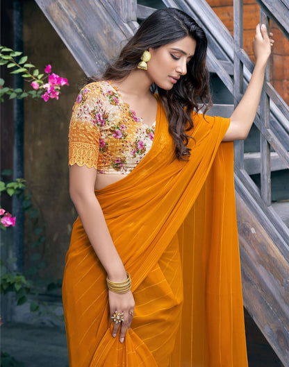 Mustard Yellow Zari Stripe Plain Georgette Saree | Leemboodi