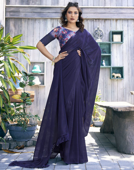 Navy Blue Zari Stripe Plain Georgette Saree | Leemboodi