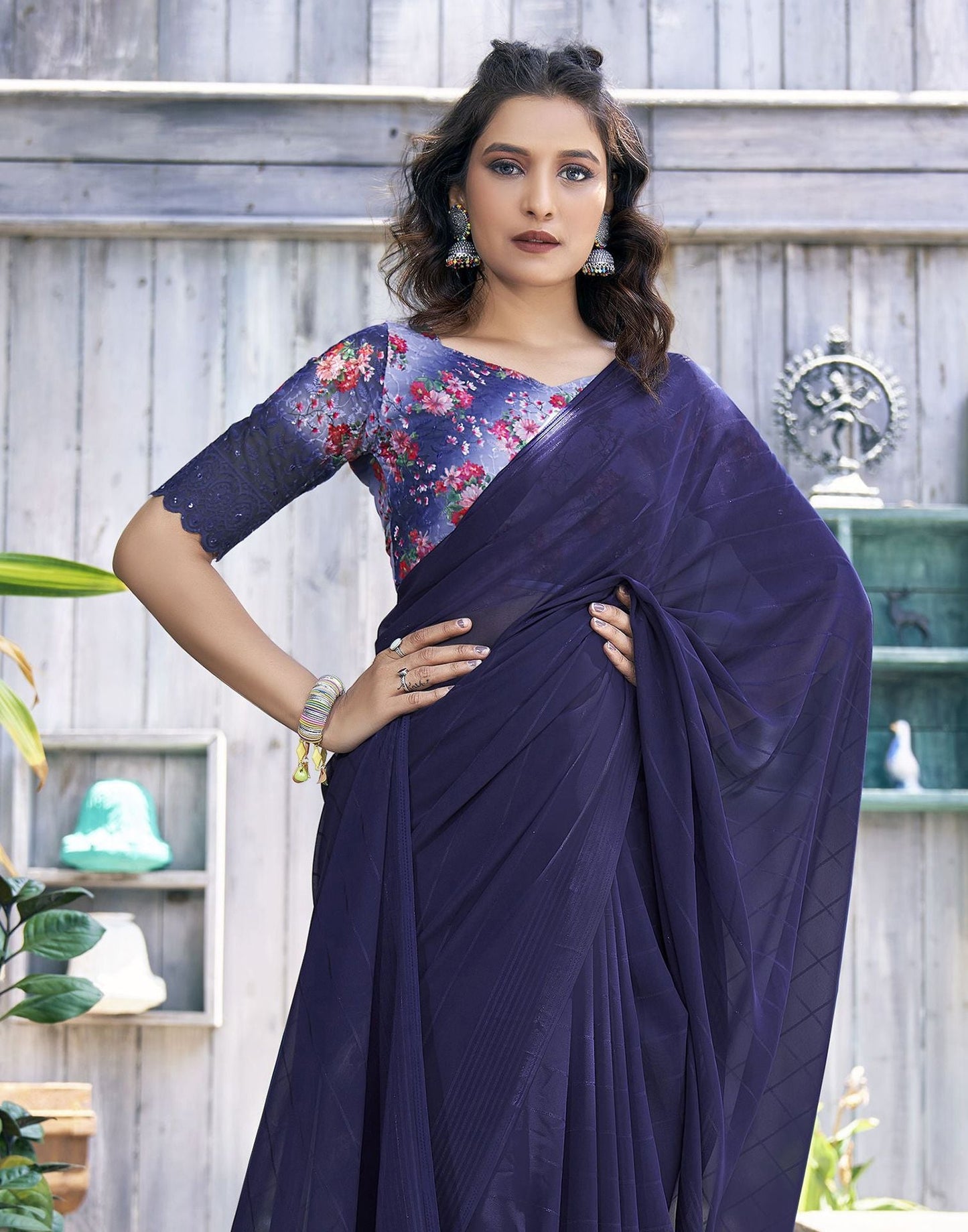 Navy Blue Zari Stripe Plain Georgette Saree | Leemboodi