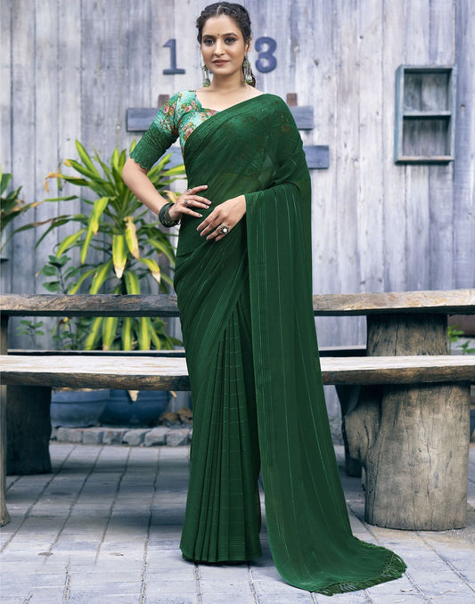 Green Zari Stripe Plain Georgette Saree | Leemboodi