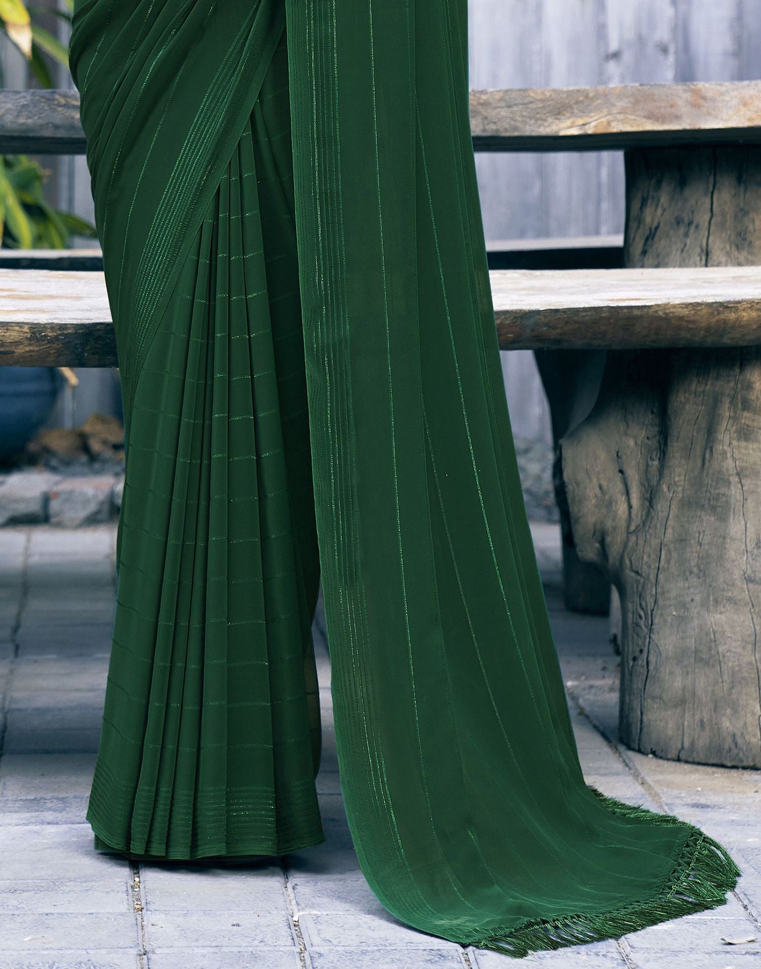 Green Zari Stripe Plain Georgette Saree | Leemboodi