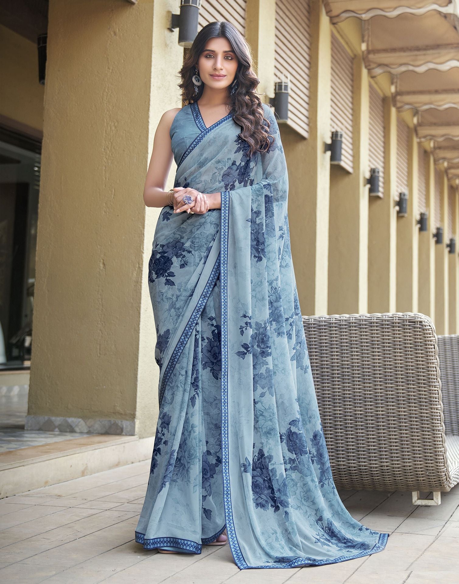 Light Blue Floral Printed Georgette Saree | Leemboodi