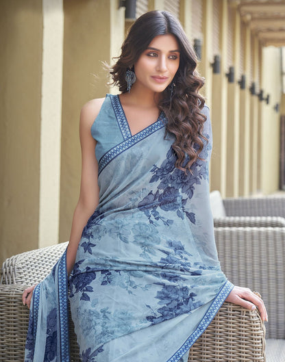 Light Blue Floral Printed Georgette Saree | Leemboodi