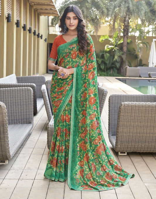 Green Floral Printed Georgette Saree | Leemboodi