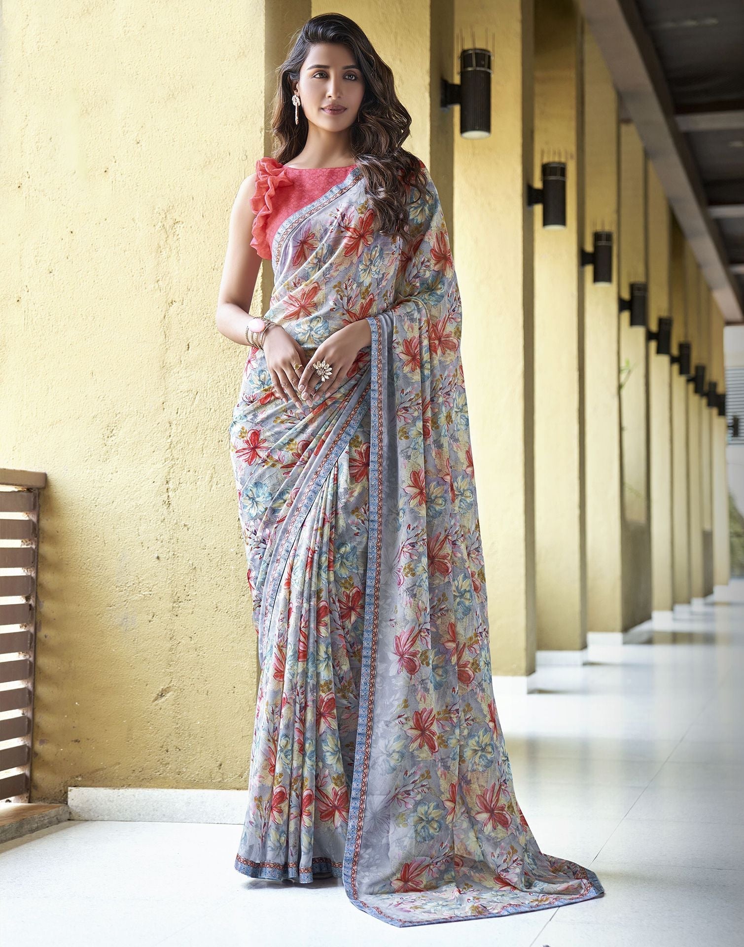 Light Grey Floral Printed Georgette Saree | Leemboodi