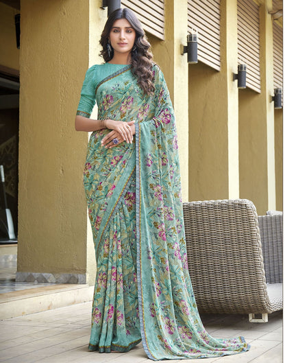 Turquoise Floral Printed Georgette Saree | Leemboodi