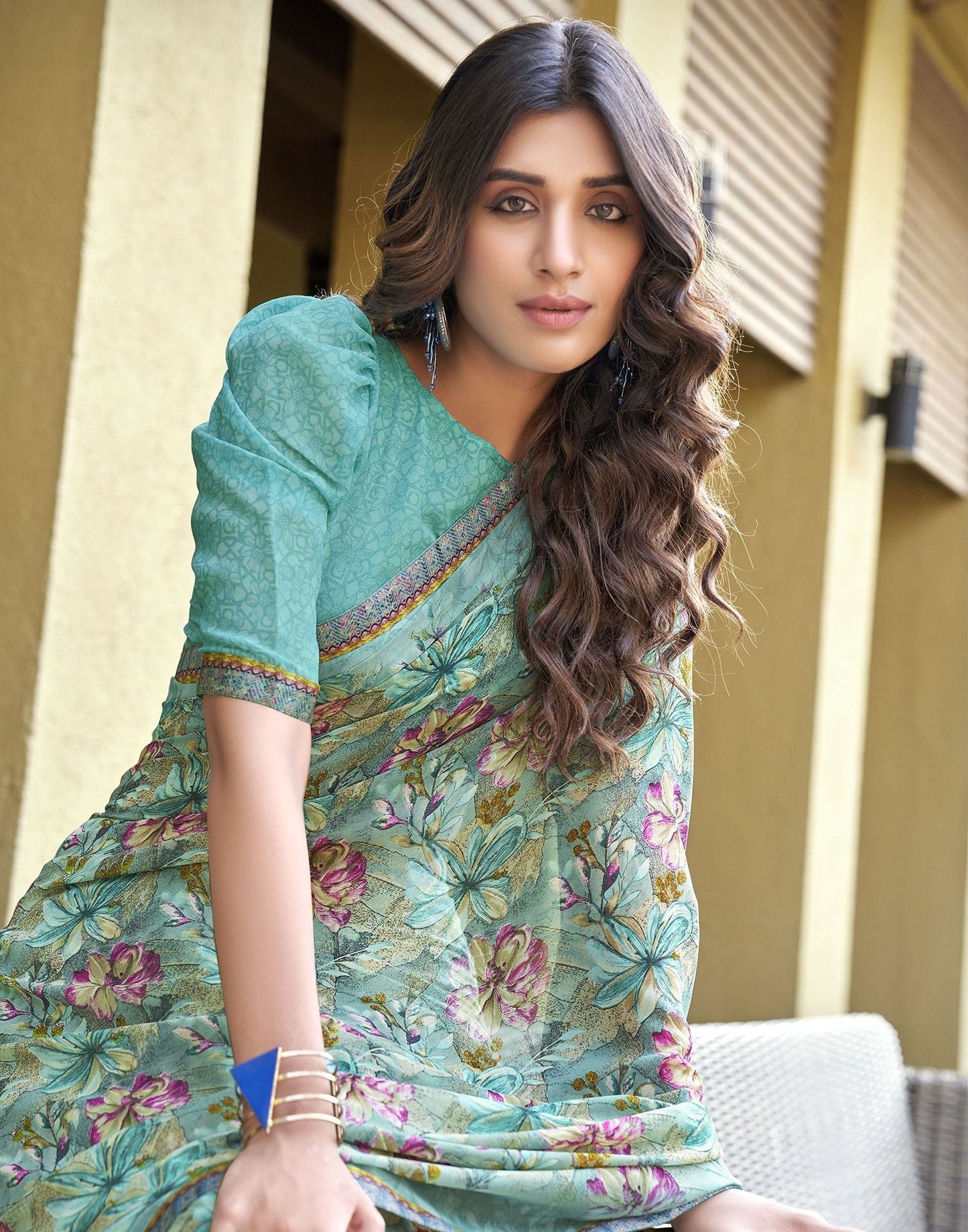 Turquoise Floral Printed Georgette Saree | Leemboodi