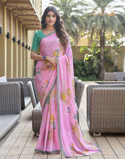 Light Pink Floral Printed Georgette Saree | Leemboodi