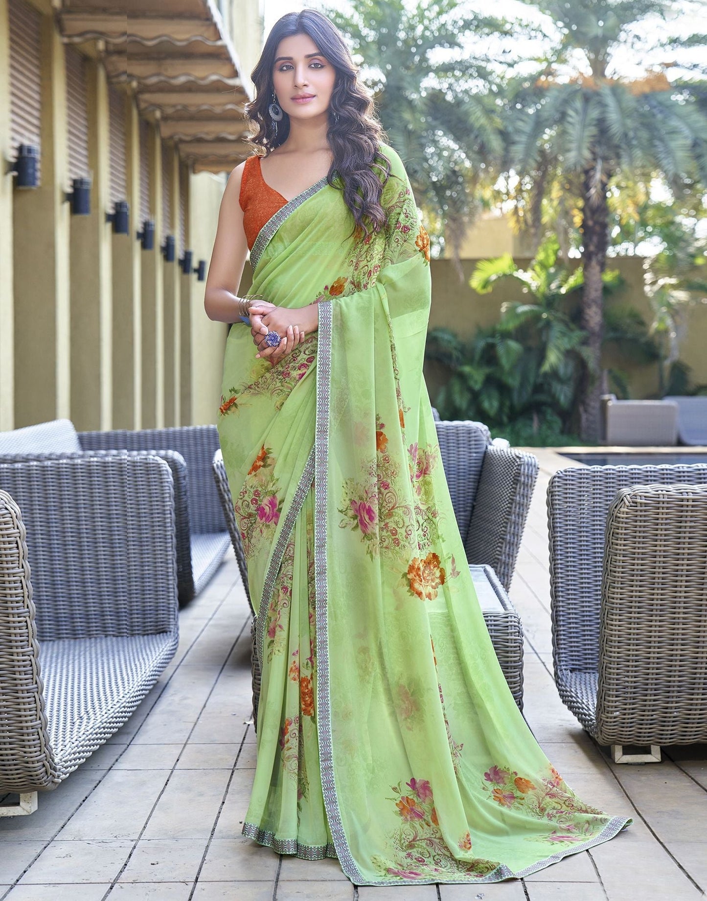 Light Green Floral Printed Georgette Saree | Leemboodi