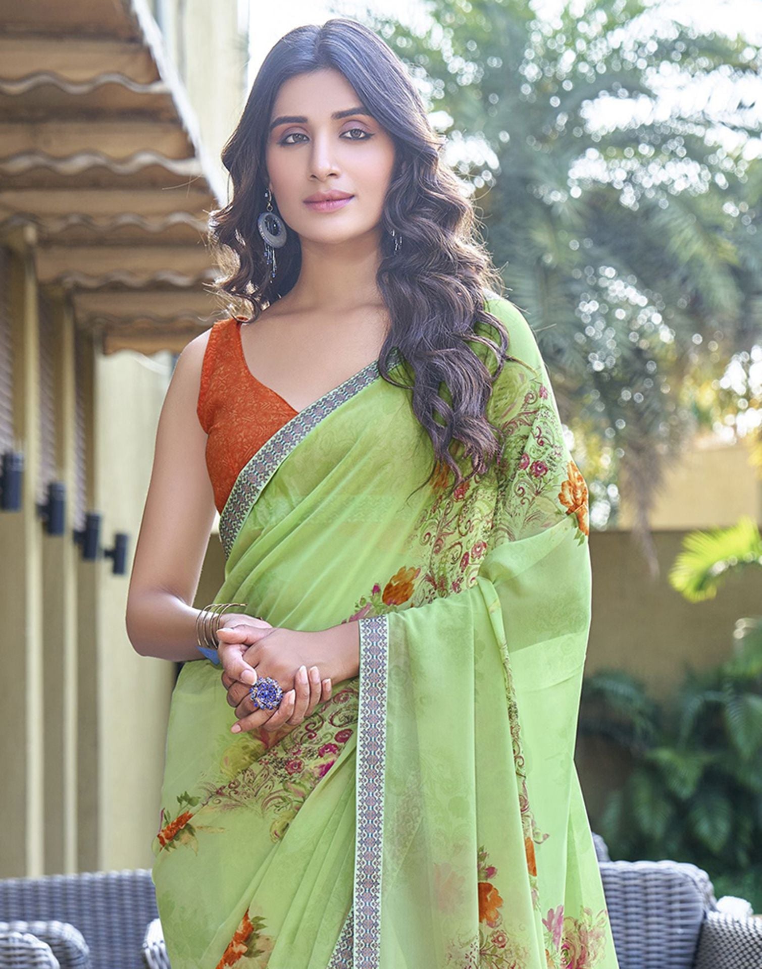 Light Green Floral Printed Georgette Saree | Leemboodi