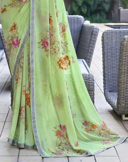 Light Green Floral Printed Georgette Saree | Leemboodi