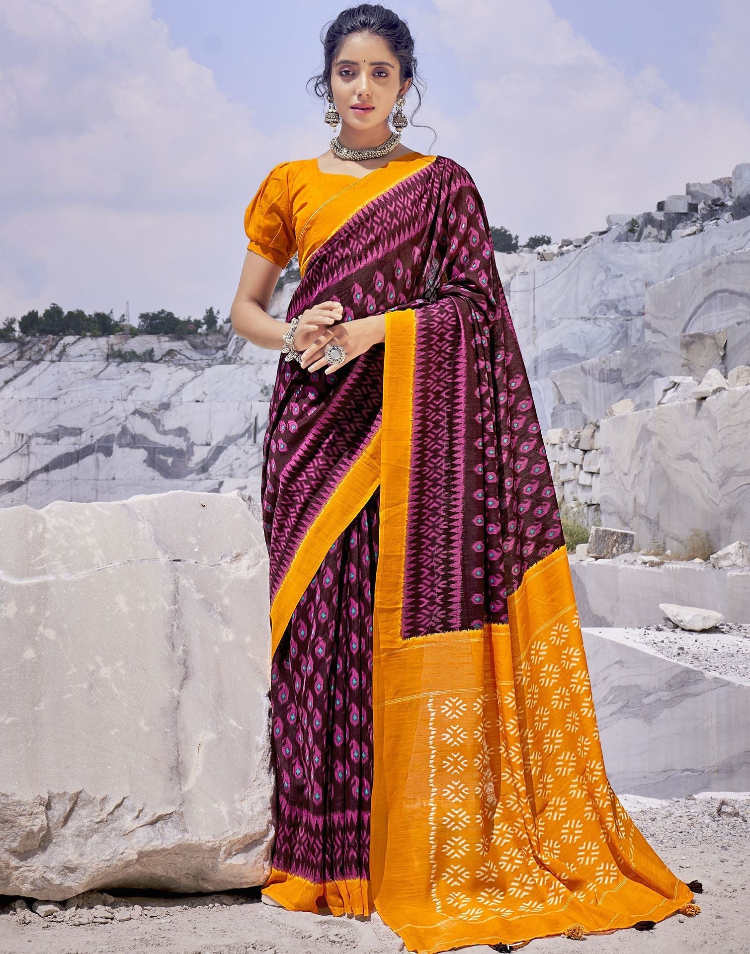 Brown Tassel Printed Cotton Saree | Sudathi
