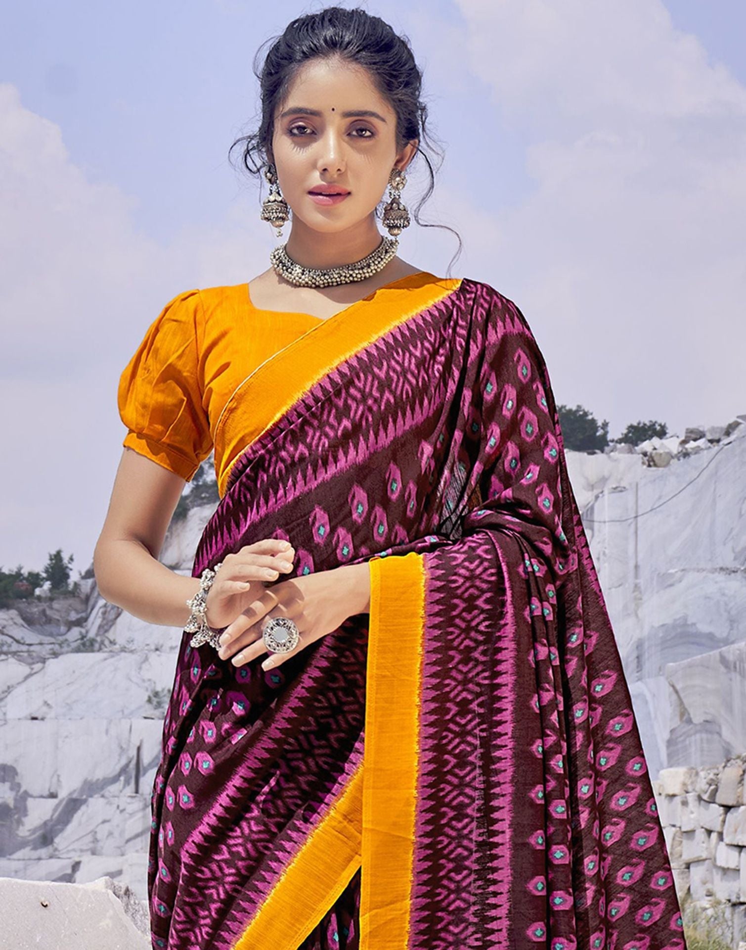 Brown Tassel Printed Cotton Saree | Sudathi
