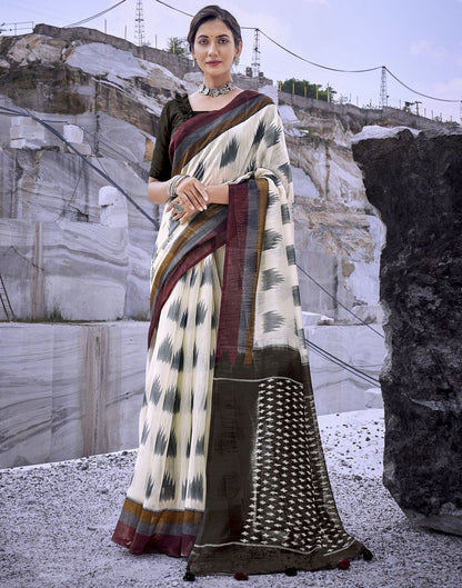 Cream Tassel Printed Cotton Saree | Sudathi