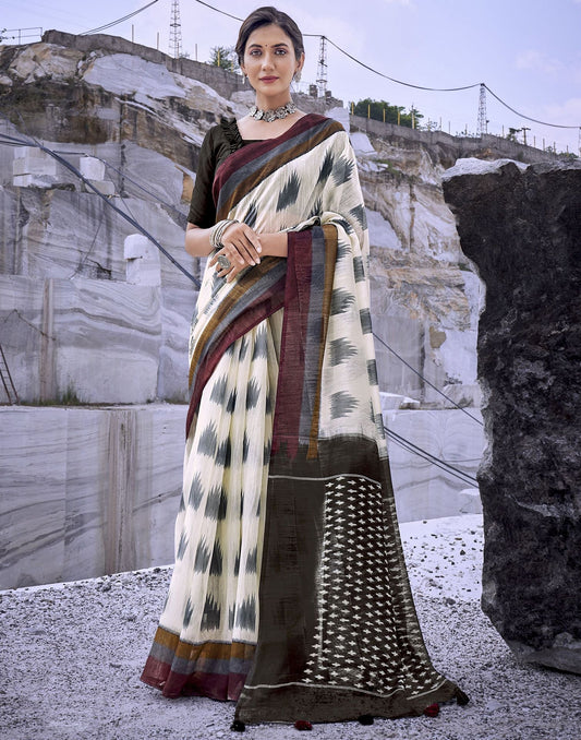 Cream Tassel Printed Cotton Saree | Sudathi