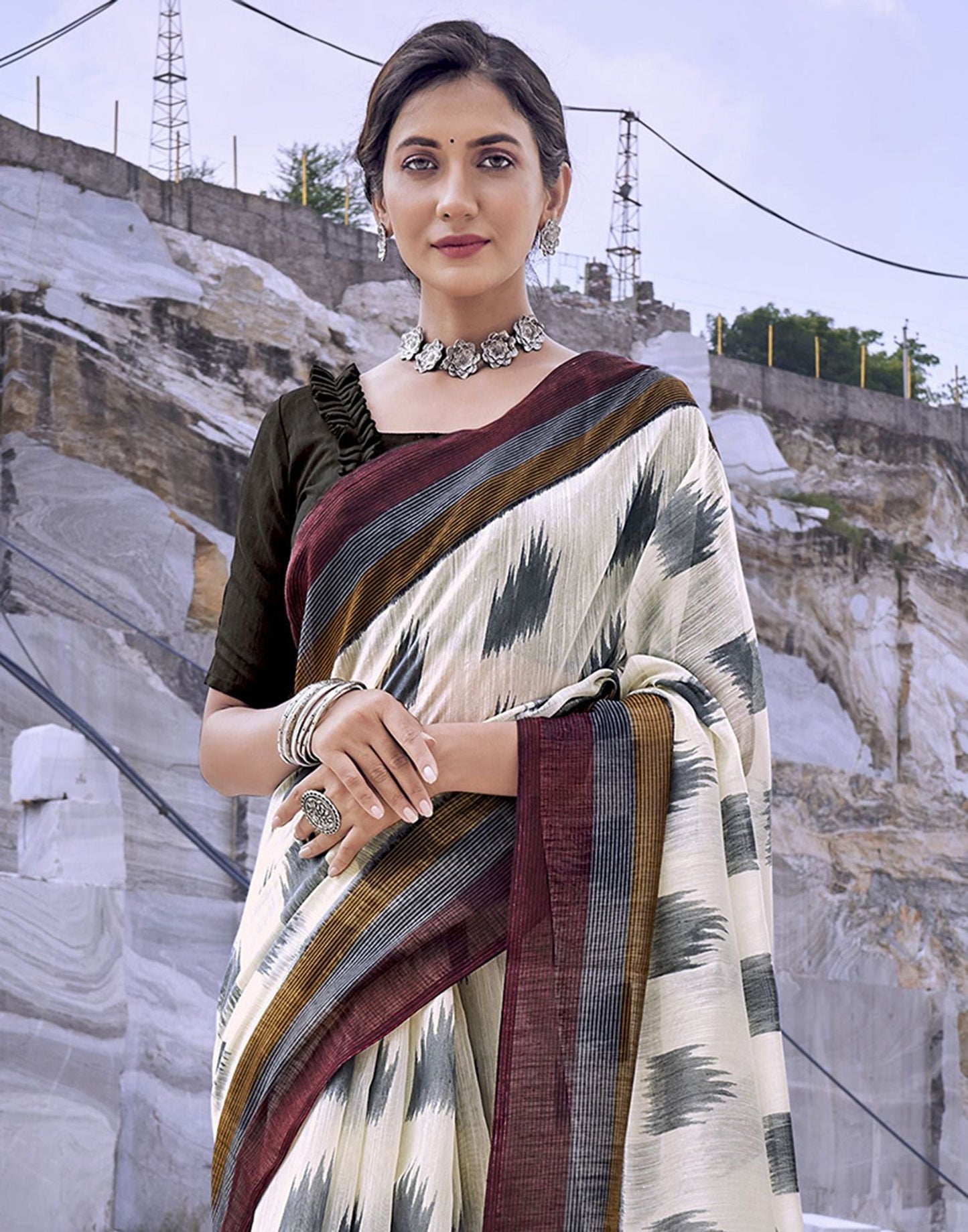 Cream Tassel Printed Cotton Saree | Sudathi