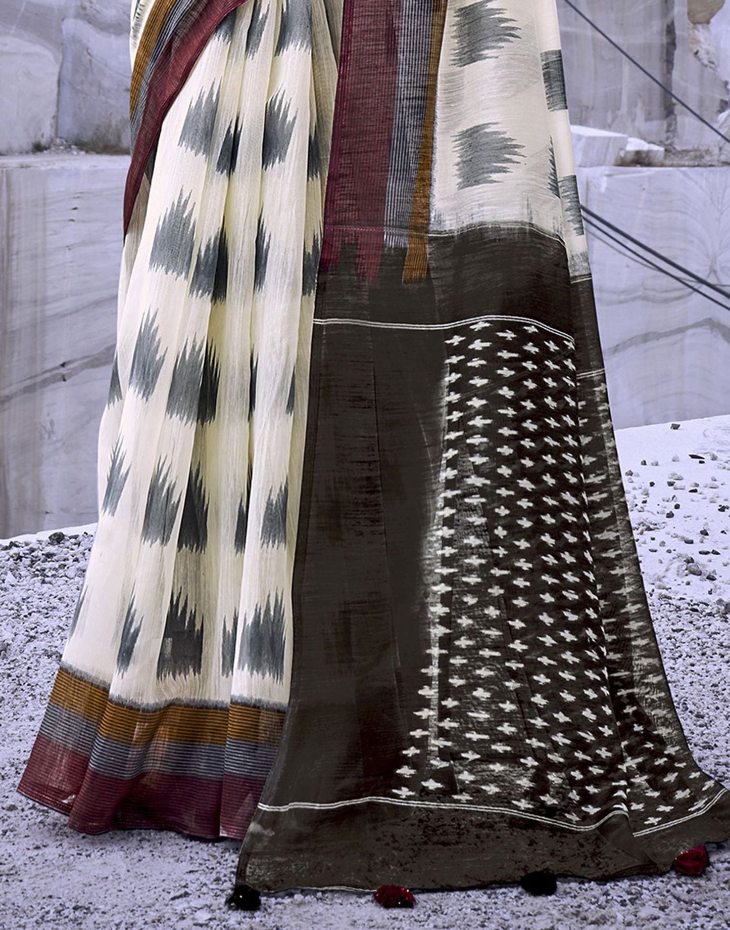 Cream Tassel Printed Cotton Saree | Sudathi