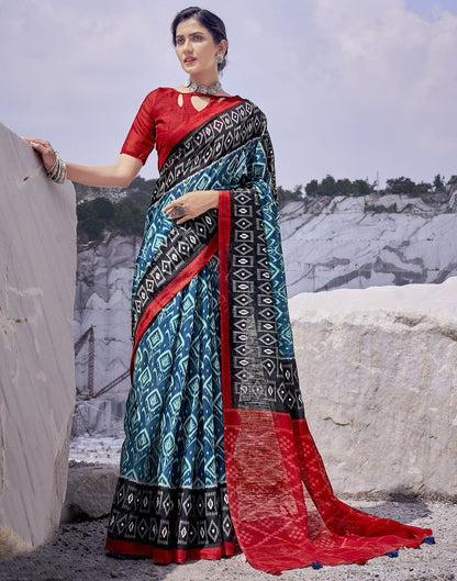 Blue Tassel Printed Cotton Saree | Sudathi