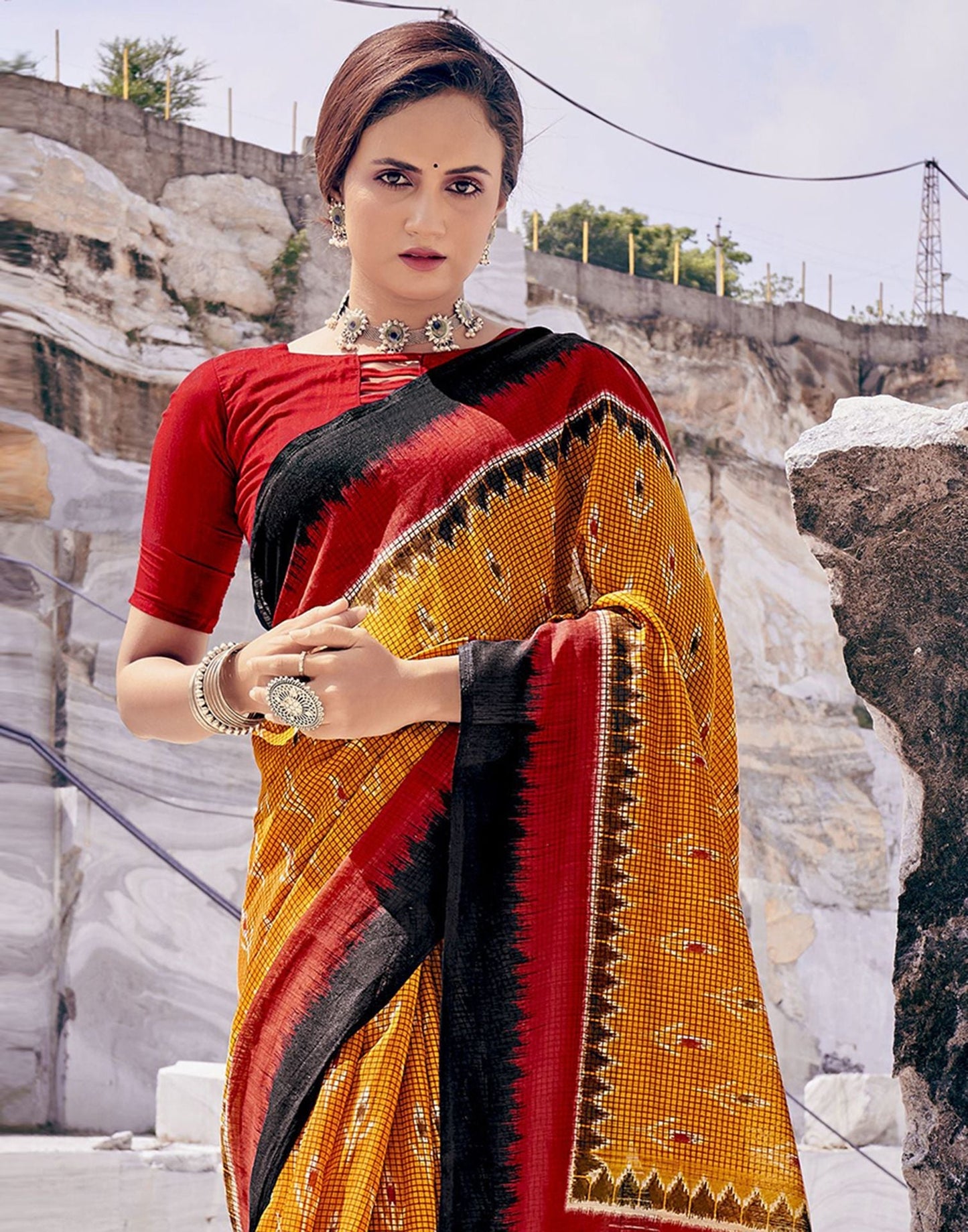 Mustard Yellow Tassel Printed Cotton Saree | Sudathi