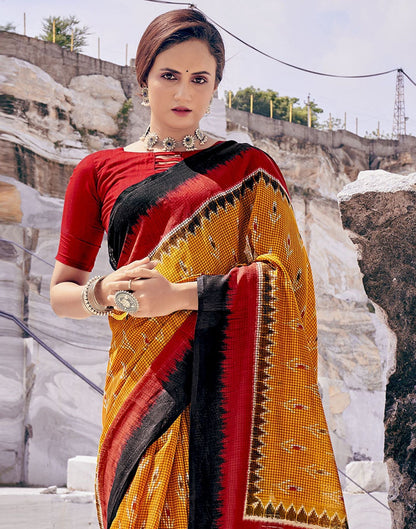 Mustard Yellow Tassel Printed Cotton Saree | Sudathi