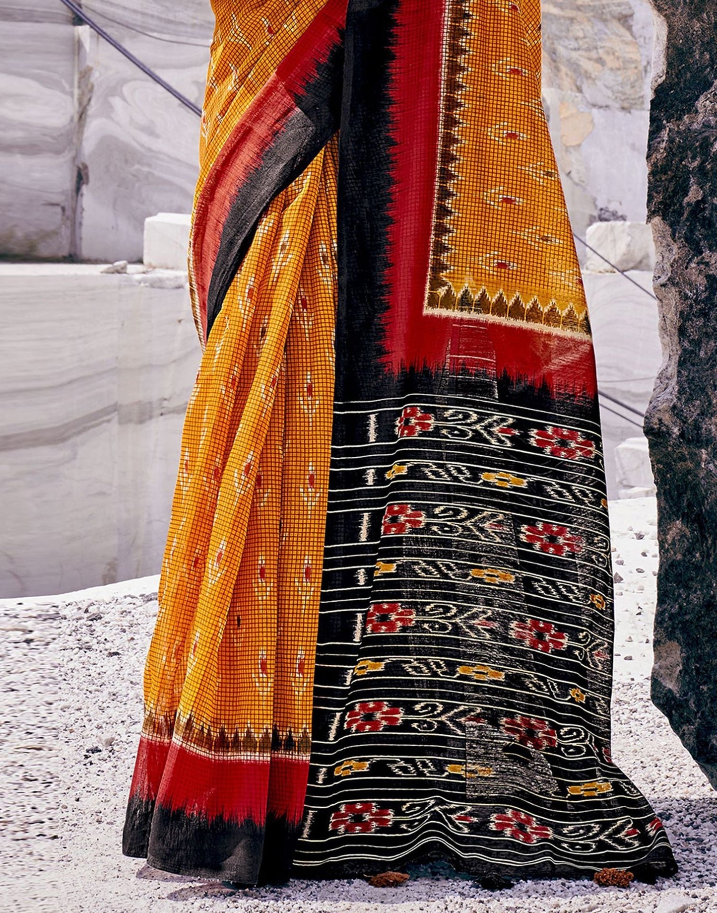 Mustard Yellow Tassel Printed Cotton Saree | Sudathi