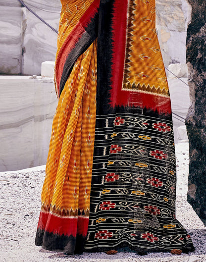 Mustard Yellow Tassel Printed Cotton Saree | Sudathi