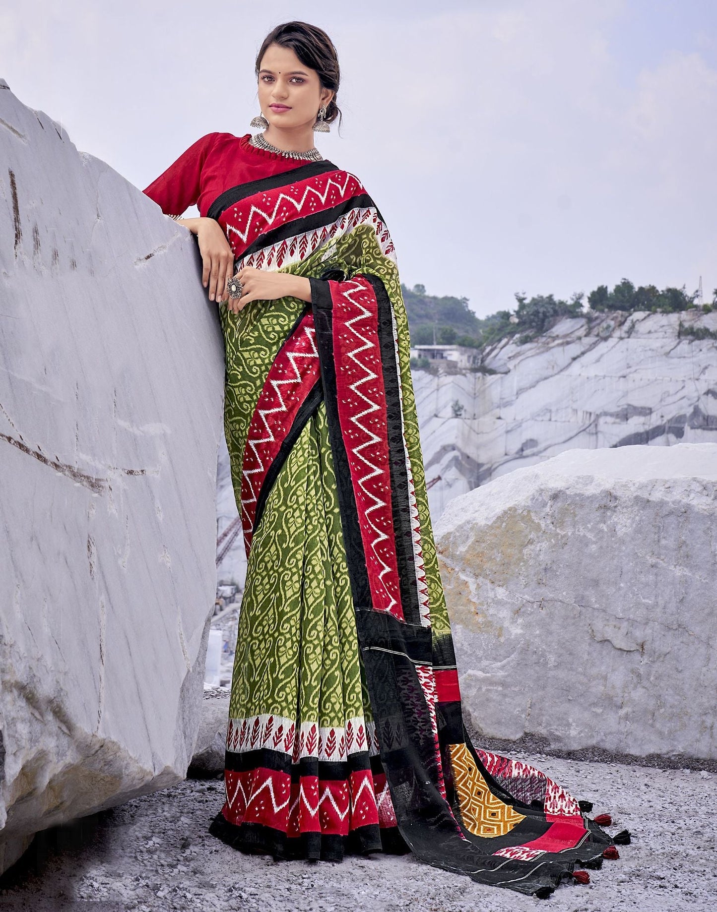 Green Tassel Printed Cotton Saree | Sudathi