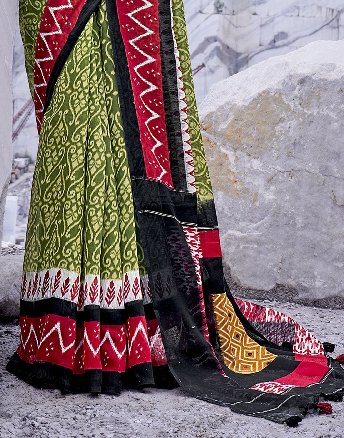 Green Tassel Printed Cotton Saree | Sudathi