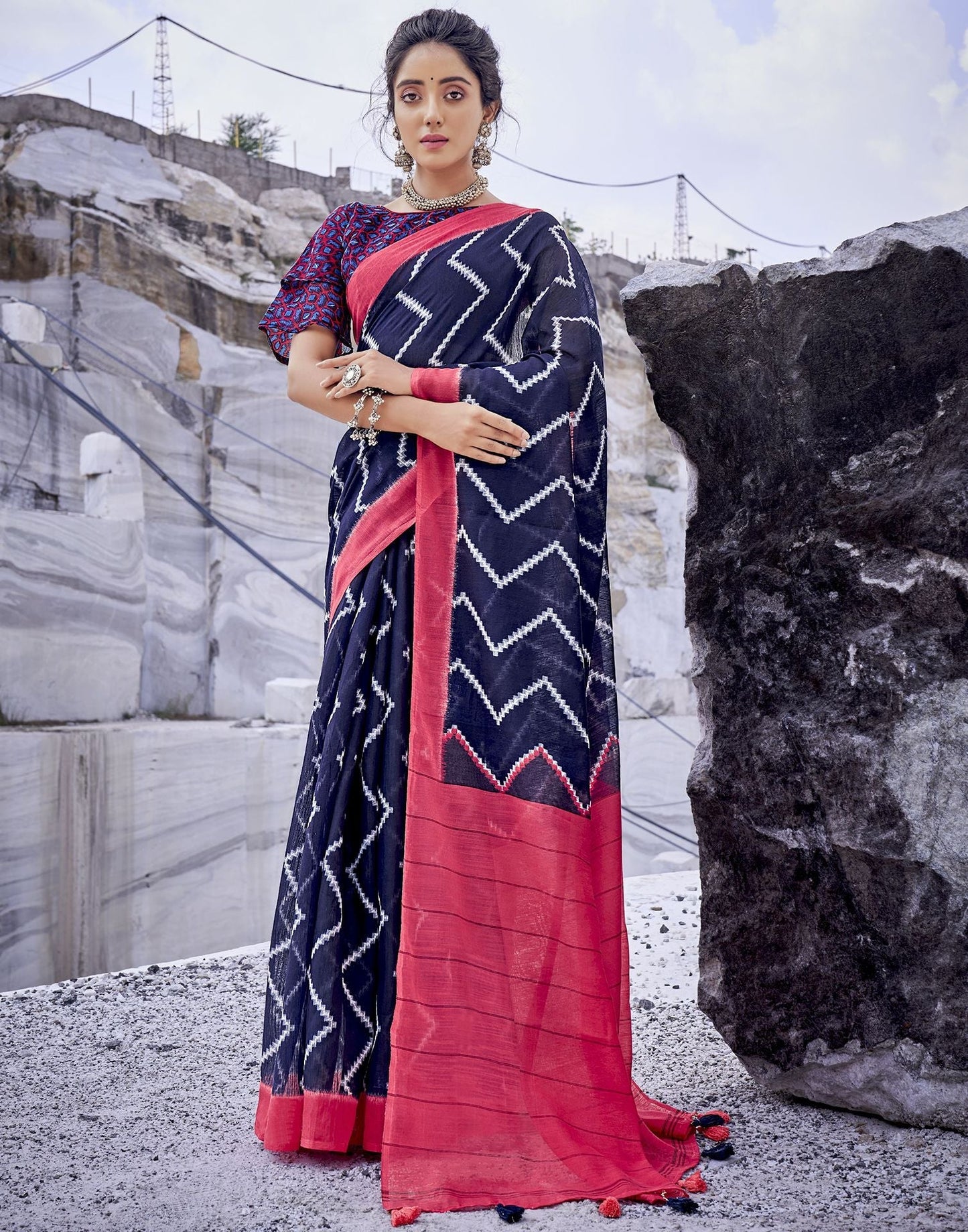 Navy Blue Tassel Printed Cotton Saree | Sudathi