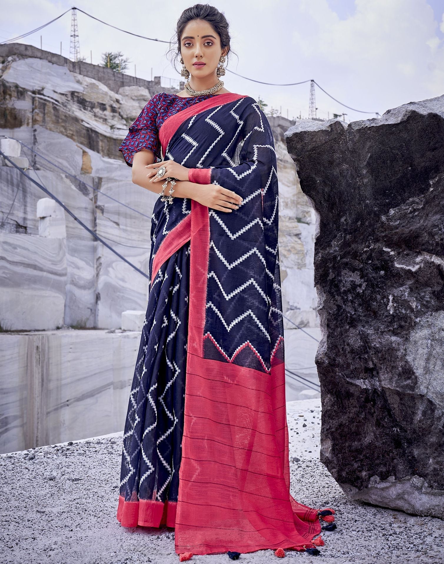 Navy Blue Tassel Printed Cotton Saree | Sudathi